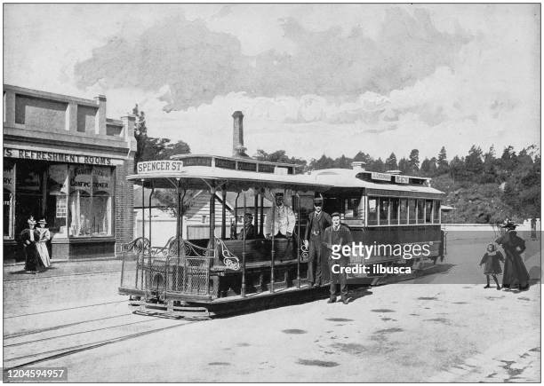 antique photograph of the british empire: cable tramcar in melbourne - classic melbourne tram stock illustrations