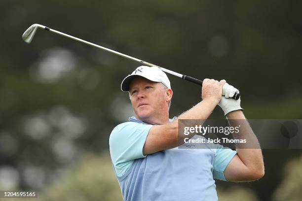 Marcus Fraser of Australia tees off on the 14th Creek Course hole during Day Two of the ISPS Handa Vic Open at 13th Beach Golf Club on February 07,...