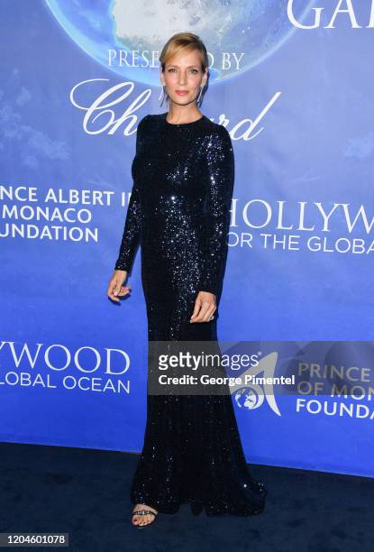 Uma Thurman attends the 2020 Hollywood For The Global Ocean Gala Honoring HSH Prince Albert II Of Monaco at Palazzo di Amore on February 06, 2020 in...