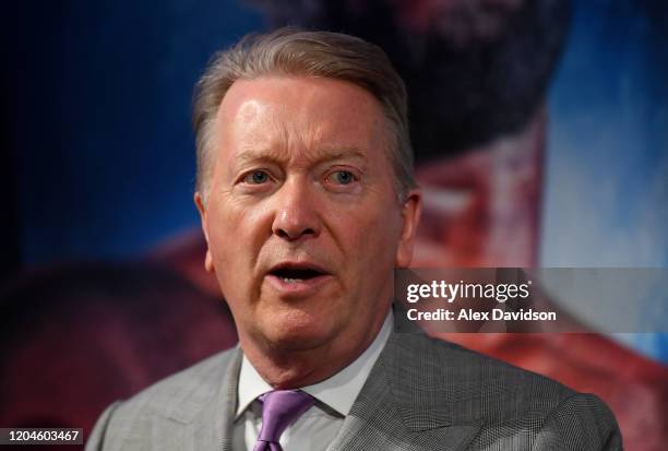 Frank Warren, boxing promoter looks on during the Daniel Dubois v Joe Joyce Press Conference at the BT Tower on February 07, 2020 in London, England.