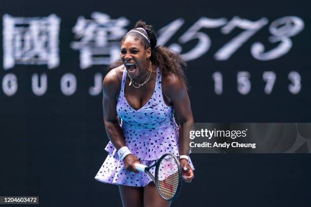 Serena Williams of USA reacts during her match against Qiang Wang of China on day five of the 2020 Australian Open at Melbourne Park on January 24,...