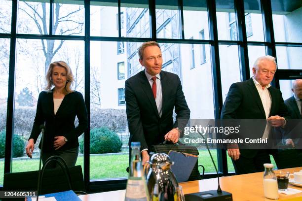 Christian Lindner , head of the German Free Democrats , FDP Secretary General Linda Teuteberg and Wolfgang Kubicki arrive to a meeting of the FDP...
