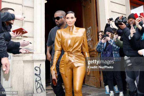 Kim Kardashian and Kanye West at the Theatre des Bouffes du Nord to attend Kanye West's Sunday Service on March 01, 2020 in Paris, France.