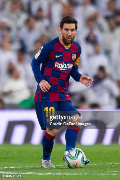 Lionel Messi of FC Barcelona controls the ball during the Liga match between Real Madrid CF and FC Barcelona at Estadio Santiago Bernabeu on March 1,...