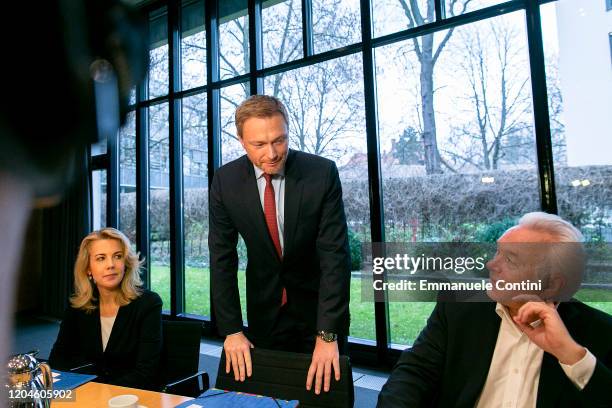 Christian Lindner , head of the German Free Democrats , FDP Secretary General Linda Teuteberg and Wolfgang Kubicki are pictured before a meeting of...