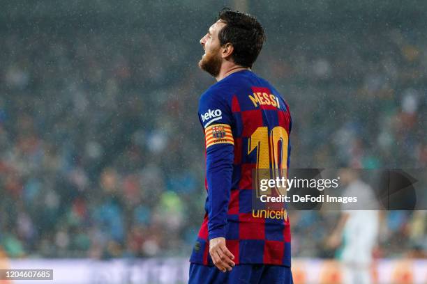 Lionel Messi of FC Barcelona looks dejected during the Liga match between Real Madrid CF and FC Barcelona at Estadio Santiago Bernabeu on March 1,...