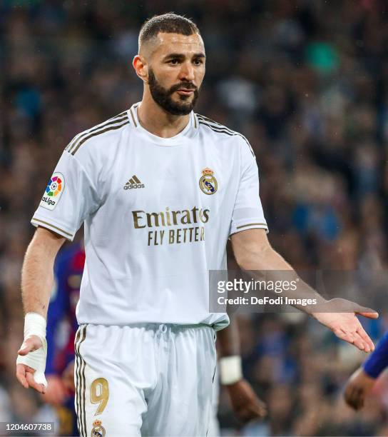 Karim Benzema of Real Madrid looks on during the Liga match between Real Madrid CF and FC Barcelona at Estadio Santiago Bernabeu on March 1, 2020 in...
