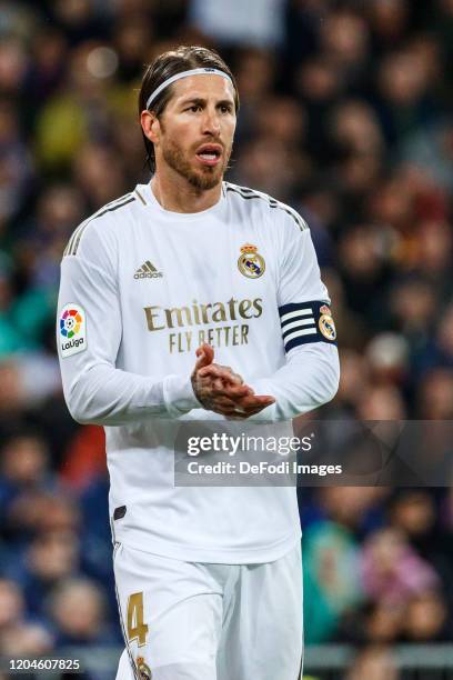 Sergio Ramos of Real Madrid looks on during the Liga match between Real Madrid CF and FC Barcelona at Estadio Santiago Bernabeu on March 1, 2020 in...