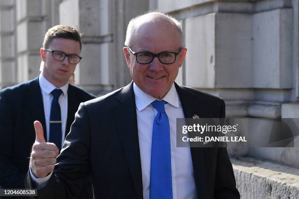 Ambassador to the UK, Robert 'Woody' Johnson arrives at the Cabinet Office on Whitehall in central London on March 2, 2020. - Britain on Monday will...