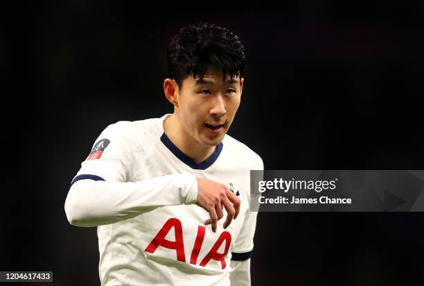 Heung-Min Son of Tottenham Hotspur reacts during the FA Cup Fourth Round Replay match between Tottenham Hotspur and Southampton FC at Tottenham...