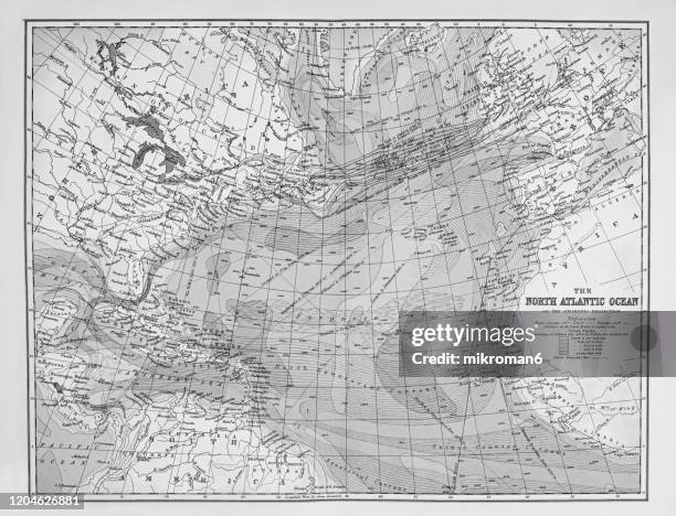 old map of north atlantic ocean, published 1894. antique illustration, popular encyclopedia published 1894. copyright has expired on this artwork - north atlantic ocean map stock pictures, royalty-free photos & images