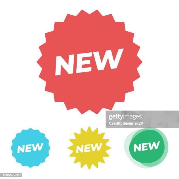 illustrations, cliparts, dessins animés et icônes de nouvelle marque et autocollant icon set vector design. - nouveauté