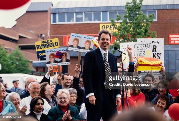 Tony Blair, the British Labour Party leader, campaigning during the 1997 General Election, in Mitcham, London on April 24, 1997.