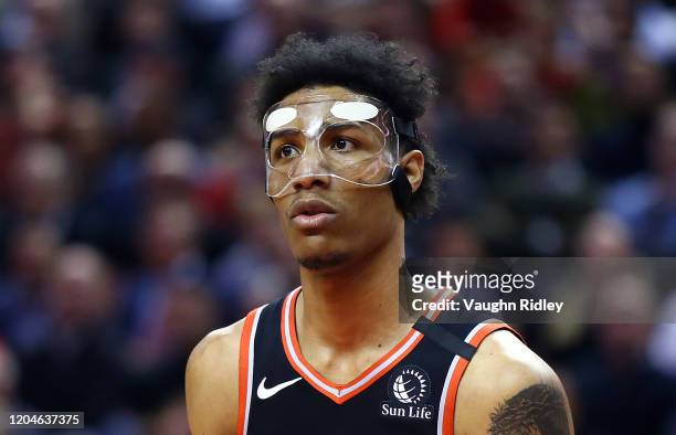 Patrick McCaw of the Toronto Raptors looks on during the second half of an NBA game against the Indiana Pacers at Scotiabank Arena on February 05,...