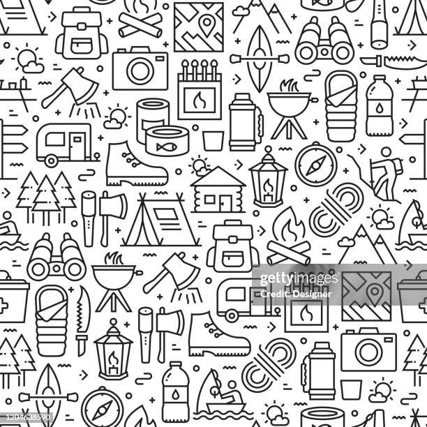 camping und outdoor erholung nahtloses muster und hintergrund mit line icons - extremsport stock-grafiken, -clipart, -cartoons und -symbole