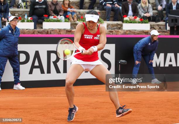 Misaki Doi of Japan in action during her match against Carla Suarez of Spain during the Fed CUp, group round, played between Spain and Japan at...