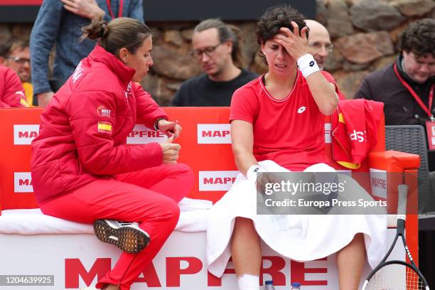 Anabel Medina of Spain coaches to Carla Suarez during her match against Misaki Doi of Japan during the Fed CUp, group round, played between Spain and...
