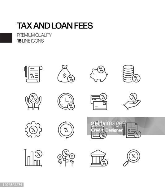 簡單的一組稅收和貸款費相關的向量行圖示。大綱符號集合 - car salesperson 幅插畫檔、美工圖案、卡通及圖標