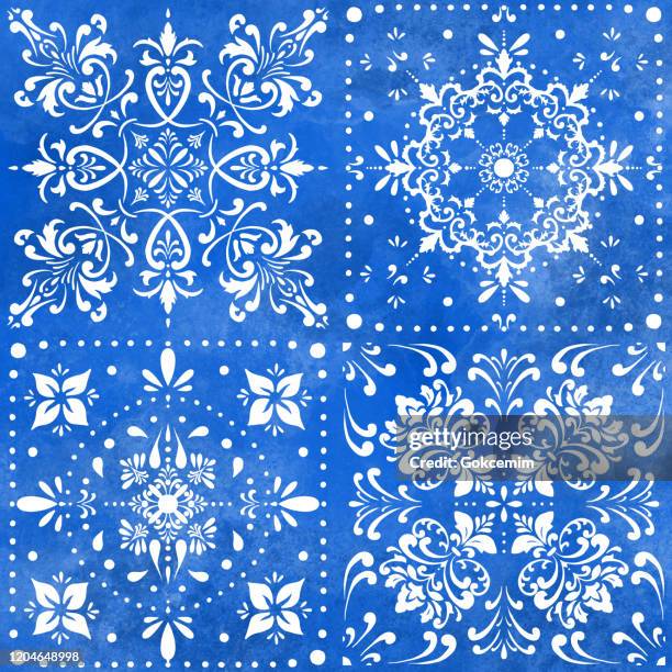 seamless moroccan ceramic pattern. white tiles with watercolor hand painted navy blue background. vector tile pattern, lisbon arabic floral mosaic, mediterranean seamless navy blue ornament. - mediterranean culture stock illustrations