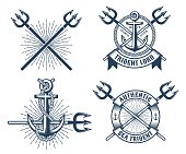 Vintage hipster navy tattoo logos with tridents ribbons and anchors