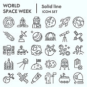 World space week line icon set, outer space set symbols collection, vector sketches, logo illustrations, web signs outline pictograms package isolated on white background, eps 10.