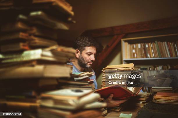 man working in library - attic storage stock pictures, royalty-free photos & images