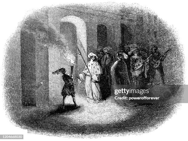 illustrazioni stock, clip art, cartoni animati e icone di tendenza di romeo, mercuio e benvolio al ballo del capuleto in romeo e giulietta - opere di william shakespeare - menestrello-persona