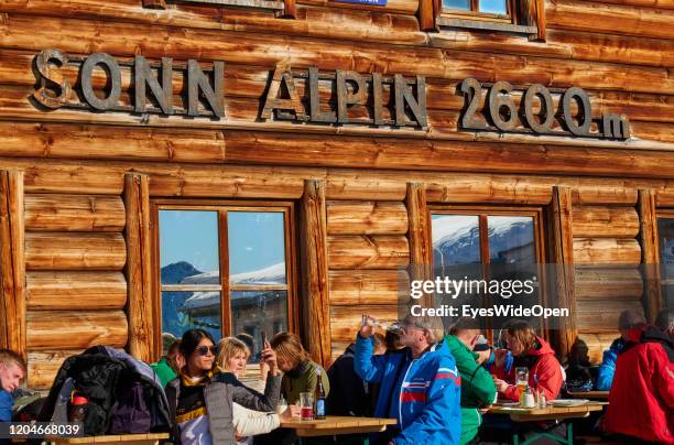 Skier on the Sonn Alpin restaurant on Zugspitze mountain for alpine skiing on January 21, 2020 in GARMISCH-PARTENKIRCHEN, Bavaria, Germany ....