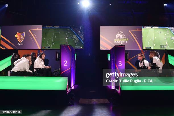 Florian Fritz Muller and Gonzalo Nicolas Villalba of FC Basel 1893 eSports team and Richard Matthias Hormes and Yannick Reiners of Borussia-E-Sports...