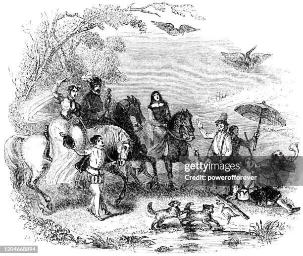 falconer and entourage hunting in rural england - 16th century - falconry stock illustrations