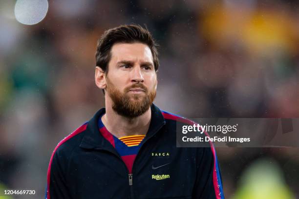 Lionel Messi of FC Barcelona looks on prior to the Liga match between Real Madrid CF and FC Barcelona at Estadio Santiago Bernabeu on March 1, 2020...