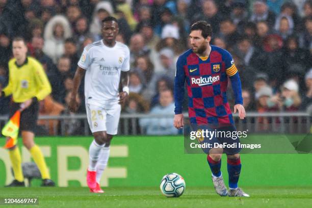 Lionel Messi of FC Barcelona controls the ball during the Liga match between Real Madrid CF and FC Barcelona at Estadio Santiago Bernabeu on March 1,...