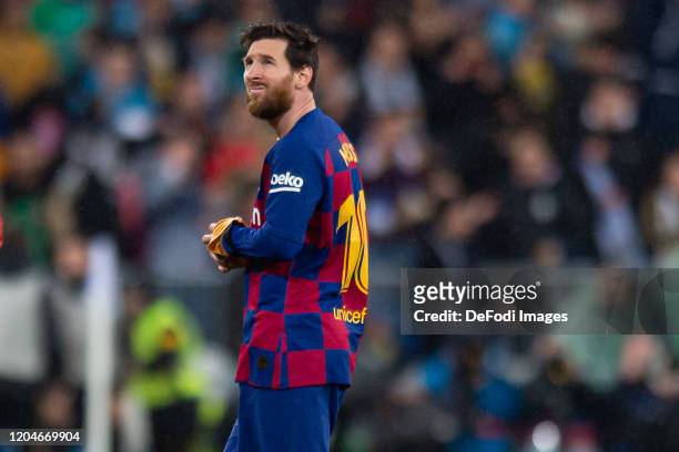 Lionel Messi of FC Barcelona looks on during the Liga match between Real Madrid CF and FC Barcelona at Estadio Santiago Bernabeu on March 1, 2020 in...