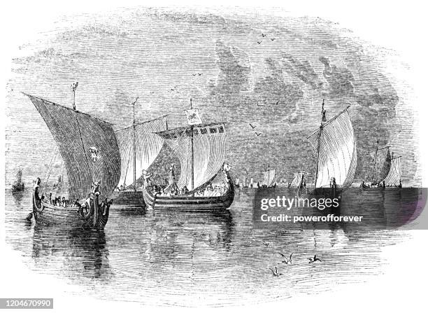 danish karve sailing ships in the baltic sea of denmark - 17th century - danish culture stock illustrations