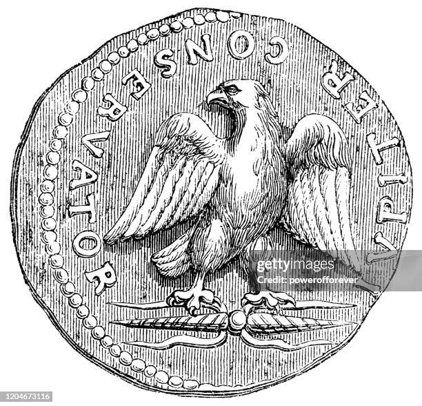 silver roman eagle denarius coin of domitian - 1st century - ancient roman coin stock illustrations