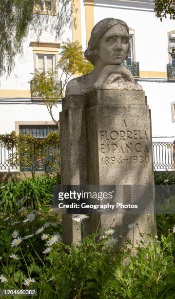 Statue bust sculpture of poet feminist writer Florbela Espanca 1894-1930, Jardim Publico park, Evora, Portugal.