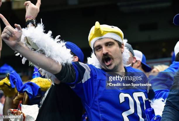 St. Louis BattleHawks fan celebrates during an XFL game between the Seattle Dragons and the St. Louis BattleHawks, on February 29 at The Dome at...