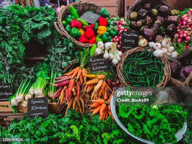 färgglada ekologiska grönsaker på oranjezicht farmer's market i kapstaden, sydafrika - grönsallad bildbanksfoton och bilder