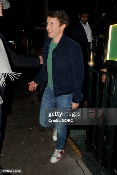 James Blunt out for a meal at an Indian restaurant in Mayfair with Ed Sheeran, Cherry Seaborn and Sofia Wellesley on February 07, 2020 in London,...