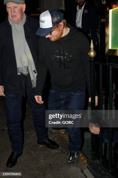 Ed Sheeran out for a meal at an Indian restaurant in Mayfair with his wife Cherry Seaborn and friends James Blunt and Sofia Wellesley on February 07,...