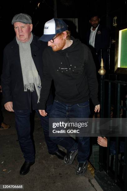 Ed Sheeran out for a meal at an Indian restaurant in Mayfair with his wife Cherry Seaborn and friends James Blunt and Sofia Wellesley on February 07,...