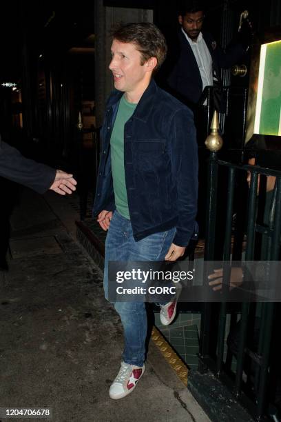 James Blunt out for a meal at an Indian restaurant in Mayfair with Cherry Seaborn, Ed Sheeran and Sofia Wellesley on February 07, 2020 in London,...