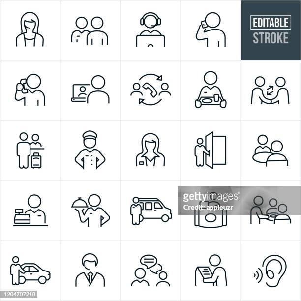 illustrazioni stock, clip art, cartoni animati e icone di tendenza di icone della linea sottile del servizio clienti - tratto modificabile - assistenza