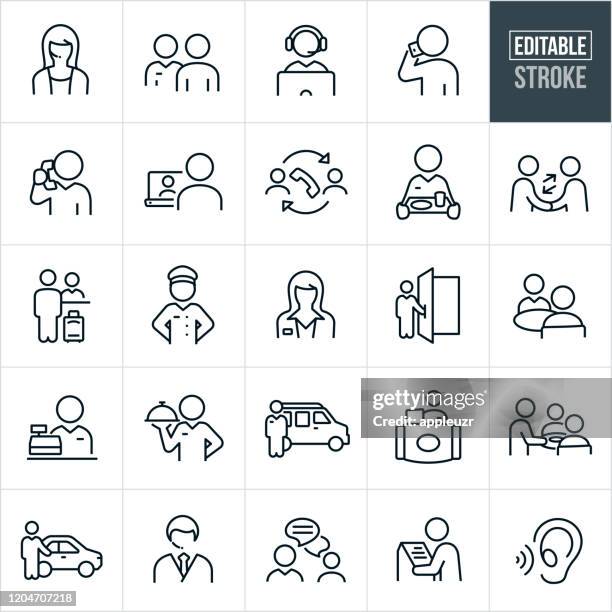 ilustrações de stock, clip art, desenhos animados e ícones de customer service thin line icons - editable stroke - recepção de hotel