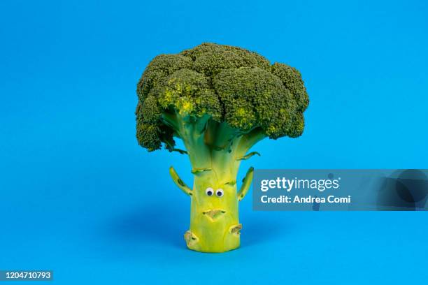 broccoli with googly eyes on light blue background - google eyes stock pictures, royalty-free photos & images