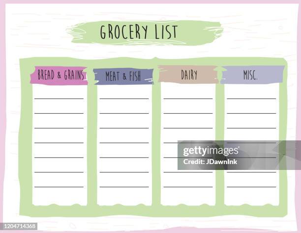 ilustraciones, imágenes clip art, dibujos animados e iconos de stock de plantilla de diseño de grocery list organizer - lista de la compra