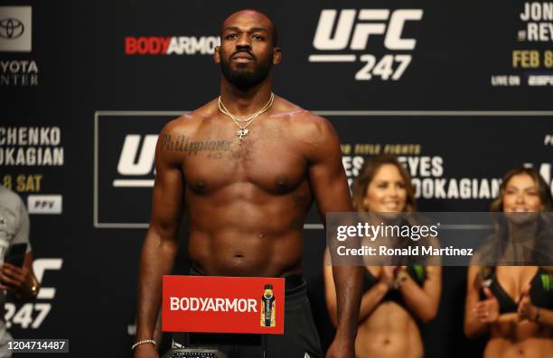 Jon Jones steps on the scale during the UFC 247 ceremonial weigh-in at Toyota Center on February 07, 2020 in Houston, Texas.