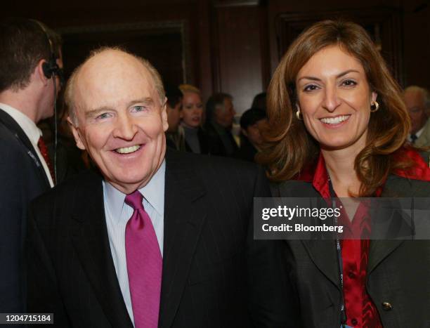 Jack Welch, former chairman and chief executive officer of General Electric Co., with his future wife Suzy Wetlaufer, former editor of the Harvard...