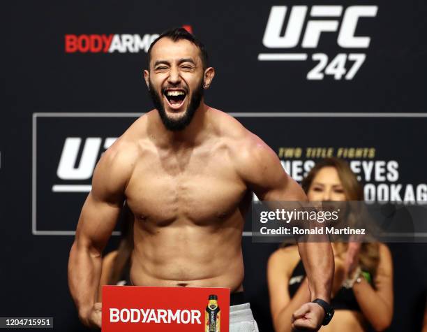 Dominick Reyes yells on the scale during the UFC 247 ceremonial weigh-in at Toyota Center on February 07, 2020 in Houston, Texas.