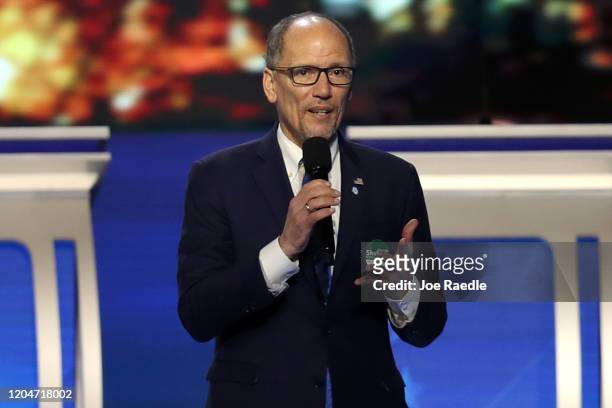 Chair of the Democratic National Committee Tom Perez speaks prior to the Democratic presidential primary debate in the Sullivan Arena at St. Anselm...